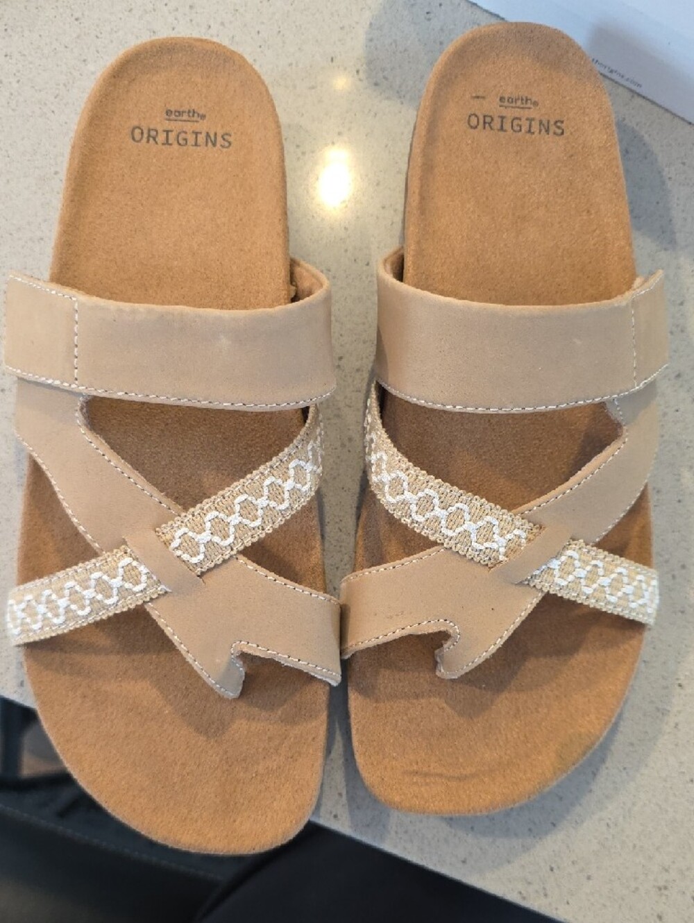 Earth Origins Taupe Beige Braided-Strap Slide Sandals - Picture 3 of 4